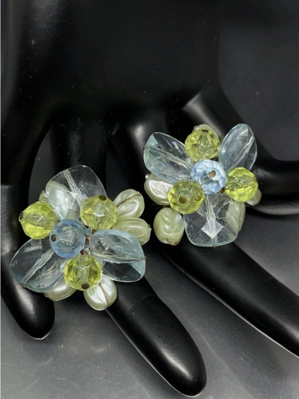 Vintage Signed W. Germany Flower BLE/Lime Lucite Cluster 1.25” Clip-on Earrings
